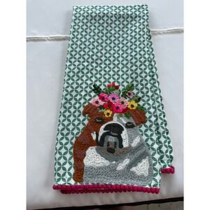 Karma Living Cotton Tea Towel Bulldog Flower Crown Pom Pom Trim 19 " x 27 "